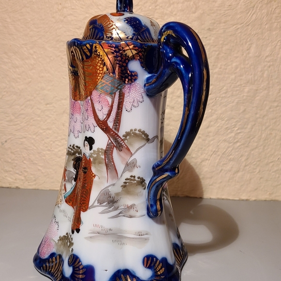 Antique Kutani Porcelain Flow Blue Chocolate Carafe - Picture 4 of 11